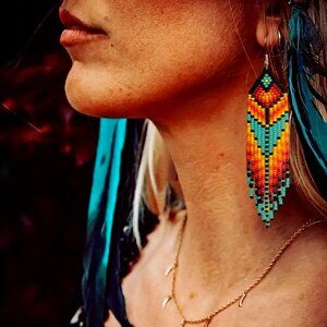 Beautiful Handmade Native Vintage Long Orange Bead Tassel • Boho Earrings